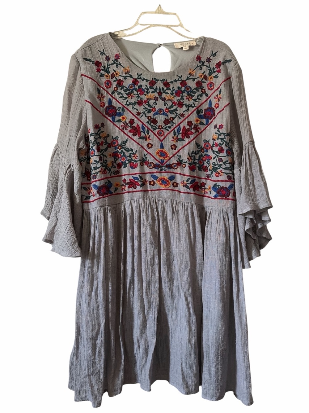 Umgee gray boho embroidered dress with bell sleeves